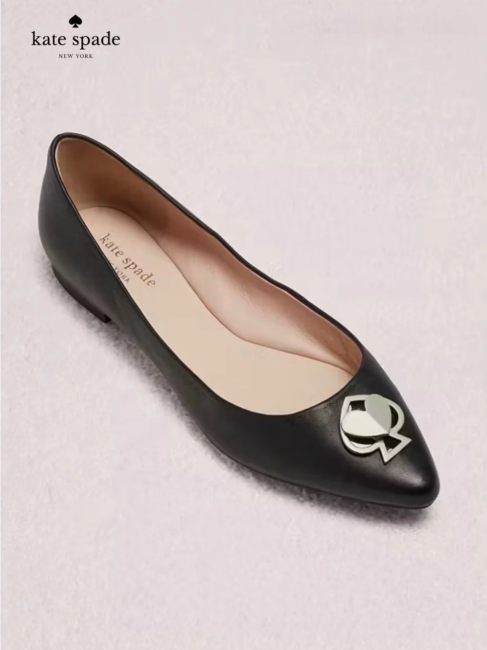Kate Spade Black Pointed Toe Flats with Gold Spade Hardware